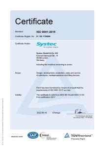 Systec ISO 9001 certificate for the highest standards in quality management