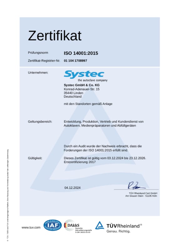 Certificate: Systec environmental management according to ISO 14001