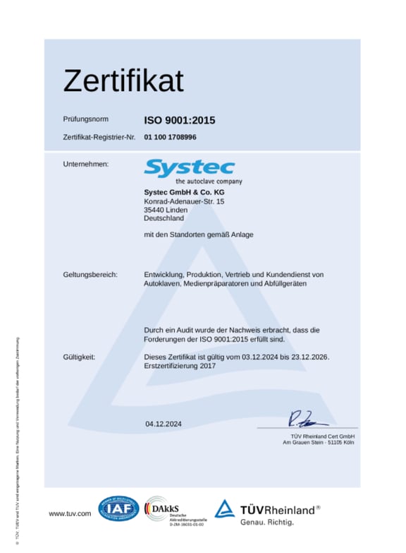 Certificate: Systec quality management according to ISO 9001